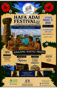 Poster advertising Hafa Adai Festival with tropical scene, dancers, and food imagery; date Aug 22, 2026, 12–4 PM at International Lawn Stage, San Diego area.