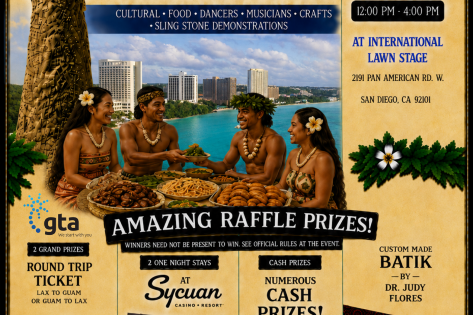 Poster advertising Hafa Adai Festival with tropical scene, dancers, and food imagery; date Aug 22, 2026, 12–4 PM at International Lawn Stage, San Diego area.